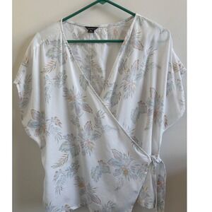 Eddie Bauer Womens Tropical Floral Wrap Blouse White Pastel Side Tie Top Large